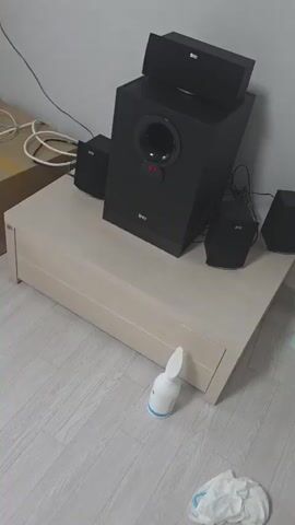 The video shows a close-up of a black speaker system set up on a light-colored wooden surface against a plain, light-colored wall. The speaker system consists of a large central subwoofer with a round opening and a red digital display that shows the number "43". On top of the subwoofer is a smaller, rectangular speaker. To the left and right of the subwoofer are two smaller, cubical satellite speakers. Another satellite speaker is partially visible on the right side of the frame. Wires are connected to the speakers and extend out of frame. In the foreground, at the bottom of the frame, a small white object with two pointed ears, resembling a bunny, sits on the wooden surface. The camera angle shifts slightly throughout the short video, offering different perspectives of the speaker setup and the bunny object.