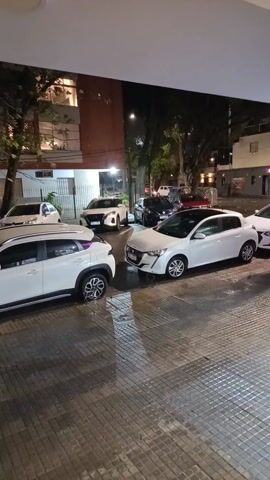 The video shows a quiet street scene at night. The street appears to be wet, possibly from recent rain. Several cars are parked along the street. The cars are mostly white, and one is a compact SUV. There is a large tree on the sidewalk. The buildings in the background are lit up, suggesting they are residential. There's no indication of people or interactions in the video. The scene appears to be calm and peaceful.