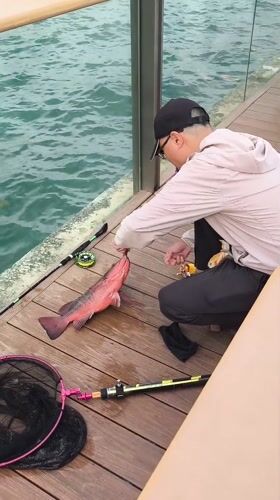 Angler lands red fish on Hong Kong pier