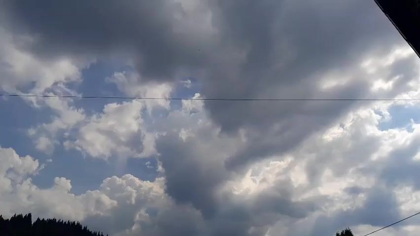 The video shows a cloudy sky with a hint of blue. Dark, heavy clouds are interspersed with lighter, fluffy ones. A thin wire runs horizontally across the frame, possibly a power line or telephone wire. On the left side, the dark silhouette of a tree line or hillside is visible, with the tops of evergreen trees. The overall impression is of an overcast day, possibly before a storm.