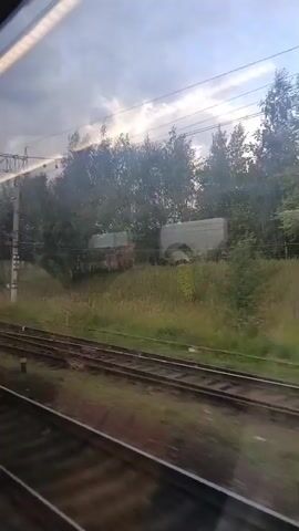 The video is taken from a moving train looking out a window at a landscape with trees and railroad tracks. There are some industrial buildings in the distance with shipping containers. The sky is cloudy.