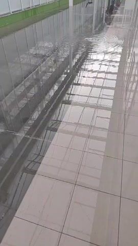 The video shows a flooded indoor area with a reflective tiled floor. The water level is high enough to reflect the ceiling structure, which appears to be made of metal beams and panels, as well as the surrounding walls. In the background, a person can be seen wading through the water, and another person is pushing what appears to be a cleaning cart or a mop. The water is calm in most areas but shows ripples and disturbances where people are moving, indicating a shallow flood. The walls on the right side of the frame are white with green trim at the top. The lighting suggests an indoor environment, possibly a commercial building, a gymnasium, or a similar public space.
