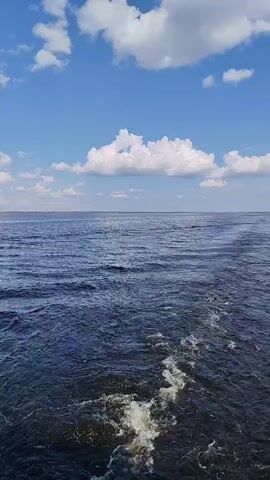 The video shows a boat moving across the water on a sunny day. The sky is bright blue with fluffy white clouds scattered across it. The water is a dark blue, and the boat's wake is visible as a trail of white foam. The camera is positioned at the back of the boat, looking out towards the horizon.