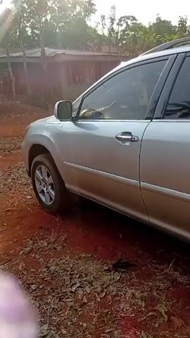 The video shows a silver Lexus RX SUV parked on a red dirt road. There is a house with a corrugated metal roof visible in the background, along with some trees. The camera pans to show the front of the car and then the rear, and a person wearing a white shirt and shorts walks past. The ground is covered in red dirt, dry leaves, and some small branches. The sun is shining brightly, creating a slight glare.