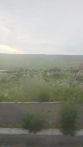 The video captures a landscape viewed from a moving vehicle. The foreground is dominated by a concrete barrier and the edge of a road, with green grass and foliage blurring past. In the mid-ground, rolling green hills are visible, interspersed with patches of trees and what appear to be some ancient stone structures, possibly churches or ruins. The sky is overcast, contributing to a soft, diffused light. The movement of the vehicle is evident due to the motion blur in the grass and trees.