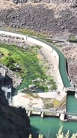This is a high-angle drone shot of a canyon. On the left, there is a concrete structure with a waterfall of water cascading into a pool. Above this structure, a white aqueduct curves through the canyon, with water flowing in it. The aqueduct follows the contour of the canyon, which is lined with rocky, barren slopes. In the middle of the frame, a river flows through the canyon floor, with patches of green algae and some rocks visible in the water. The river is dammed by a series of concrete structures with gates, which control the water flow. The canyon walls are steep and covered in scree and sparse vegetation. The sky is clear and the sun is bright, casting shadows.