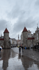Tallinn's medieval gate towers on a rainy September day