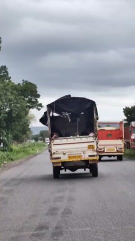 The video shows the rear view of a flatbed truck with a canvas cover driving on a paved road. Inside the covered bed of the truck, several people are seated, some of whom appear to be sleeping. The truck has an Indian license plate that reads "MH 16 GC 3383". Another similar truck, mostly red, is visible ahead of the first truck on the same road. The environment appears to be rural, with trees and vegetation visible on the sides of the road, and a cloudy sky overhead. The road is asphalt and appears to be a two-lane highway.