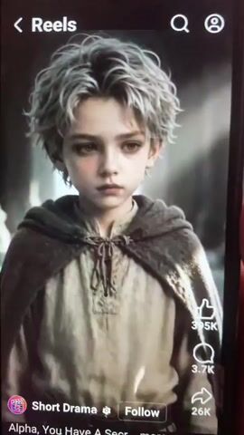 A boy with messy, light-colored hair and a solemn expression looks forward. He wears a tan tunic with a tie at the neck and a dark, hooded cloak. A young woman with blonde hair and blue eyes, bearing a white, intricate marking on her forehead, stares intensely at the camera with wide, frightened eyes. She then gasps and turns away, her mouth agape, wearing a long, white, flowing dress. The background appears to be an interior, possibly a bedroom, with soft lighting and what looks like a window with sheer curtains. The video seems to be a short drama with text overlays indicating "Short Drama," "Follow," and possibly the title "Alpha, You Have A Secr..." with engagement metrics displayed on the right side.