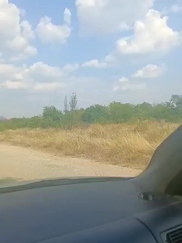 The video is a first-person perspective from inside a car, looking out the front windshield and partially through the driver's side window. The car appears to be on a dirt or gravel road. In the distance, there is a field of dry, tall grass and scattered trees. The sky is blue with scattered white clouds. The interior of the car is visible, including part of the dashboard and a portion of the side mirror. The video captures the view of the landscape as the car moves forward.