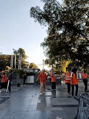 Outdoor group exercise fills a public plaza in Kecamatan Pati
