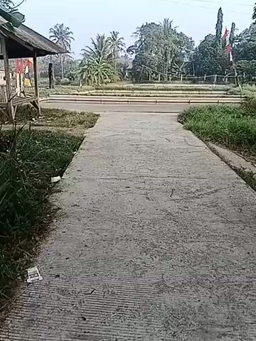 The video shows a concrete path leading towards a body of water, possibly a pond or a small pool. The area is surrounded by lush greenery, including palm trees and other foliage. In the background, there is a building with a traditional roof and some flags, one of which appears to be red and white, suggesting it might be an Indonesian flag. The sky is overcast, indicating a cloudy day. The path is worn and shows signs of age, with visible grooves from its construction. The overall impression is of a rural or semi-rural setting, possibly a park or a communal area. There are no people visible in the video.