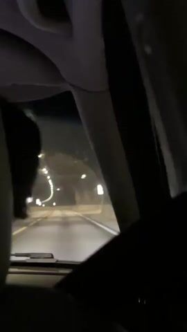 The video shows a first-person perspective from inside a car, looking out the windshield. The car is driving through a tunnel with lights lining the walls. The road ahead appears wet, and there is some dust or fog in the air. A seatbelt is visible in the foreground. The time stamp indicates the video is approximately 5 seconds long.