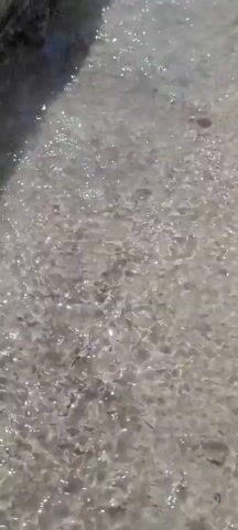 A close-up, overhead shot shows shallow, murky water with small, white bubbles rising to the surface and popping. The water appears to be flowing over a rough, sandy or gravelly bottom. Light reflects off the surface of the water, creating a shimmering effect. The overall impression is of a natural water source, possibly a stream or a small pond.