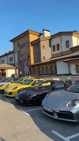 The video displays a line of parked Porsches in front of a building. The cars are in various colors including silver, yellow, and purple. The building is modern with wooden accents and a large mural of a deer and tree on its facade. The sky is clear blue, suggesting it is daytime. No people are visible in the video.