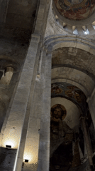 Tourist visits historic Svetitskhoveli Cathedral in Mtskheta, Georgia