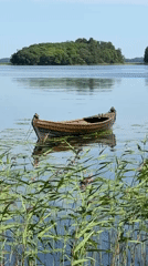 Lakeside dock moment with rowboat, reeds, and red skirt