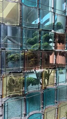 The video begins by focusing on a structure made of metal frames holding colored glass panels. These panels are arranged in a grid, forming a wall or partition. Some panels are clear and reflect the surroundings, while others are tinted yellow, blue, and rose gold. Within the frames, small trees or bonsai are planted, some in pots and some appearing to be planted directly in a gravel-like substrate. The overall impression is of an outdoor or semi-outdoor garden or atrium space.

As the video progresses, the camera pans slightly to the left, revealing more of the structure and the surrounding environment. In the background, there are glimpses of buildings with modern architecture, featuring glass facades and metal beams. There are also some potted plants and what appears to be a gravel-covered ground.

A person is then visible in the mid-ground, standing near a decorative structure that resembles a house outline, also filled with colored glass panels. The person is wearing a white t-shirt and dark pants and is holding a smartphone in their hands, seemingly looking at it. They are positioned in front of some of the bonsai trees.

Further to the left, another person is partially visible, also holding a phone. The scene appears to be a public space, possibly a park, a garden, or an area within a modern building complex. The lighting suggests it is daytime. The video ends with a close-up view of the colored glass structure and the plants within.