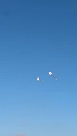 This is a vertical video recording of two white kites with red and blue striped tails flying against a clear blue sky. The kites are tethered together by a single string, suggesting a tandem kite flying activity. One kite is positioned slightly higher and to the right of the other. The image has a bright, daytime appearance with no discernible shadows, indicating sunny weather. The kites are the sole focus of the frame, set against an expansive, cloudless sky, creating a sense of open space and freedom. The setting is implied to be outdoors, likely in a location with ample wind to keep the kites aloft. There is no visible text within the frame. The overall mood conveyed is one of simple enjoyment and the pleasure of outdoor recreation, characteristic of a pleasant day.