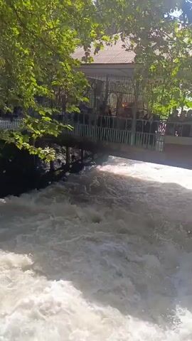 The video shows a fast-flowing river with white, turbulent water. Above the river, a shaded outdoor seating area with tables and chairs is visible. People are seated at the tables. A bridge crosses over the river, leading to the seating area. Lush green trees with dappled sunlight filter through their leaves, framing the scene. The overall impression is a natural setting with a place for people to dine or relax by the water.
