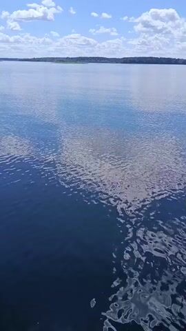The video shows a view of a large body of water, likely a lake or ocean, from the perspective of someone on a boat. The water is dark blue and reflects the sky, which is partly cloudy and bright blue. The sunlight creates shimmering patterns on the water's surface. A silver railing is visible in the foreground, suggesting the camera is positioned on a deck or balcony. The horizon shows a distant shoreline lined with trees, indicating a natural, open environment. The camera moves slightly, causing the water's reflection to ripple and shift. The overall impression is one of a peaceful and scenic day on the water.
