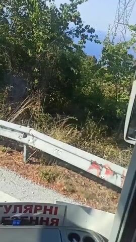 A first-person perspective video from inside a vehicle, likely a bus, shows a roadside scene. The vehicle is moving, and the view is through the front windshield and a side window. Green foliage and trees line the road, which appears to be winding through a hilly or mountainous area. A white guardrail is visible along the edge of the road. In the side window, a person wearing a baseball cap and sunglasses is partially visible, leaning towards the window. A reflection in the windshield shows a rearview mirror with a person sitting in it. There are some water spots or dirt on the windshield, obscuring the view slightly. The overall environment appears to be rural and possibly sunny, with sunlight filtering through the trees.