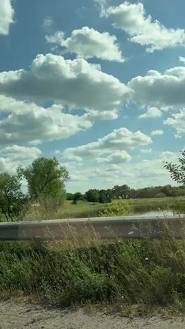 This media file captures a scenic drive through a rural landscape, likely in Ruzhyn, Ukraine. The primary subjects are the expansive blue sky filled with fluffy white clouds and the lush green countryside. The scene transitions from a view of trees and fields seen from the side of a road to the perspective from inside a car, looking out through the windshield and side mirror.

The activity taking place is a car journey. The footage shows the road winding through fields and past trees. A guardrail is visible along the side of the road in several shots, suggesting the car is on a paved road. In one shot, a small, white car is seen driving on the road ahead. The interior of the car is partially visible, including the dashboard and a side mirror reflecting the passing scenery.

Notable details include the bright, sunny weather, indicated by the clear blue sky and prominent white clouds, suggesting it is daytime. The landscape is characterized by open fields, scattered trees, and a distant treeline, typical of a rural or semi-rural setting. The vegetation appears green and healthy, implying a warm season. The road itself appears to be a typical asphalt road with white lane markings.

There is some visible text in the media file:
- On a green sticker on the windshield, a circular green symbol with some text inside is visible.
- In the side mirror, a faint text or logo might be present on the passing vehicle.
- On the interior panel of the car, a small speaker grille is visible.

The overall emotion evoked is one of peacefulness and the enjoyment of a scenic drive on a beautiful day.