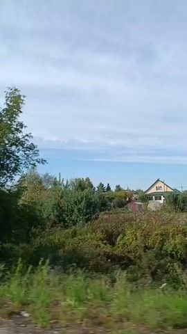 A video captured from a moving vehicle shows a rural landscape with trees and vegetation. The sky is visible in the upper portion of the frame, with some clouds. The camera is positioned to capture the scenery passing by on the right side. The video appears to be a time-lapse or sped-up recording, as the landscape moves rapidly. No people or specific structures are clearly identifiable in most of the frames. The environment is predominantly green and natural.