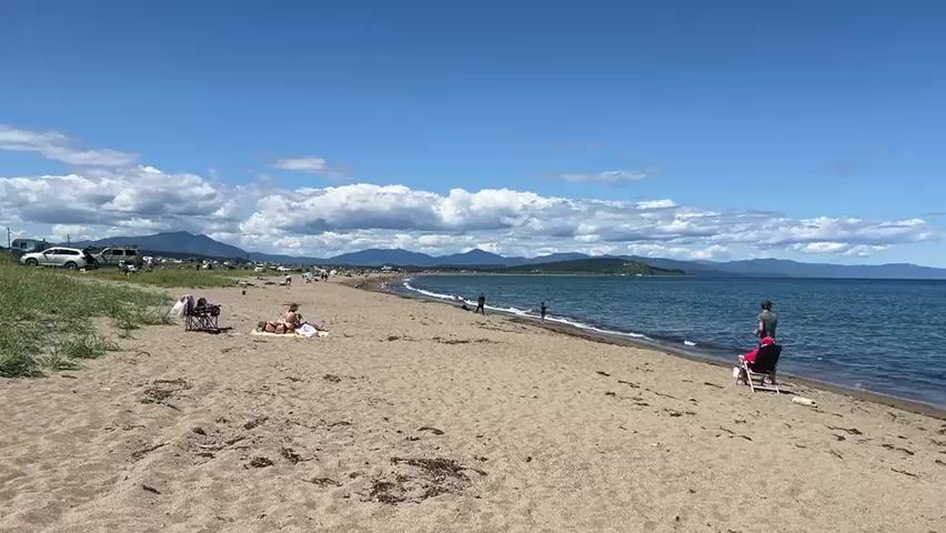 A wide shot of a beach on a sunny day. The sand is tan and there are scattered pieces of seaweed. In the distance, the ocean is a deep blue with gentle waves. Mountains can be seen on the horizon under a bright blue sky with scattered white clouds. On the beach, several people are visible. To the left, a few people are sitting in lawn chairs and on towels. Closer to the center, a man is pushing a stroller with a person in it, near the water's edge. Further down the beach, another person is lying on a towel, sunbathing. A few cars are parked on the grass beyond the beach on the left side of the frame.