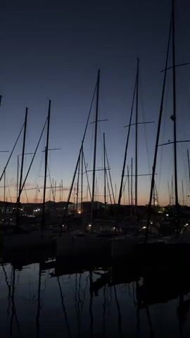The video displays a static, wide shot of a marina at dusk or night. Multiple sailboats are moored, their tall, slender masts forming prominent dark silhouettes against a dark blue and purple gradient sky. The hulls of the boats are largely in shadow, with subtle reflections of the masts and ambient light visible on the calm water surface. In the distant background, scattered artificial lights from a coastal settlement or structures are discernible against the horizon. No individuals are visible, and there is no apparent movement within the frame.
