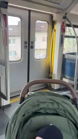 The camera shows a first-person view from a baby carriage on a moving train. The carriage is green with a brown handle. The passenger is wearing a dark blue knit hat. The train doors are silver and the walls white with yellow handles. The passing scenery through the windows includes buildings and trees. An automated voice announces the train's destination.