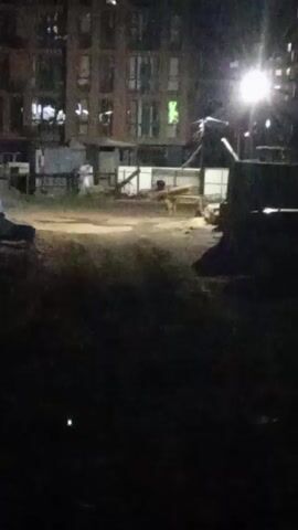 The video shows a dark, nighttime scene with a building in the background. The building has multiple stories and illuminated windows. In the foreground, there is a dimly lit area that appears to be a construction or storage yard, with fences, construction materials, and some sort of metal container or structure. The overall atmosphere is one of urban development or industrial activity at night.
