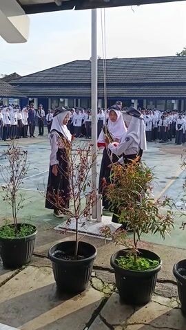 Three girls in school uniforms are raising a flag on a pole in an outdoor area. They are dressed in white headscarves and dark skirts. The flag is red and white. The girls are surrounded by rows of students standing in formation. A building with a blue roof is visible in the background. The ground is paved and has some potted plants. The scene appears to be a school ceremony or event.
