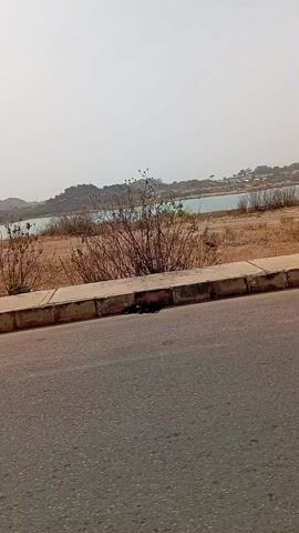 The video shows a view from a moving vehicle along a road, with a body of water visible in the background. The water is light blue and is partially obscured by dry, sparse vegetation along the roadside. There is a curb separating the road from the unpaved area next to the water. In the distance, there are hills and some scattered trees. In one frame of the video, a person wearing a red shirt is seen walking or running in the unpaved area next to the road. The sky is overcast.