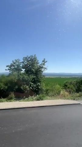 The video shows a wide shot of a rural landscape under a clear blue sky. A paved road runs diagonally across the foreground, with a concrete curb to its left. Beyond the curb is a strip of green grass and bushes, followed by rolling green fields that extend to the horizon. In the distance, a hazy line of hills or mountains can be seen. The sun is high in the sky, casting bright light and creating some glare on the camera lens. The overall impression is one of a sunny day in the countryside, likely from the perspective of someone traveling in a vehicle.