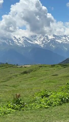 A white vehicle is parked on a dirt road overlooking a vast green valley. In the background, majestic snow-capped mountains rise into a blue sky dotted with fluffy white clouds. The foreground is filled with lush green grass and various plants. The camera pans slowly across the scene, capturing the expansive natural beauty.