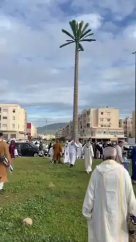 The video shows a large group of people, mostly men, dressed in traditional Muslim clothing walking on a grassy area toward a white mosque with a tall minaret. The sky is cloudy. In the background, there are residential buildings. In the foreground, there is a tall structure resembling a palm tree, possibly a cell tower disguised as a tree. The people are walking towards the mosque, likely for prayer.