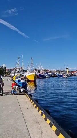 The video begins showing a harbor with several fishing boats docked. The water is blue and calm, and the sky is clear with a few white clouds. As the video pans to the right, more boats and buildings along the shoreline come into view. Several seagulls are seen flying and swimming in the water. The camera then focuses on a sailboat docked in the harbor. The sailboat has the name "Cisa JASTARNIA" painted on its stern. A person can be seen on the deck of the sailboat. The video ends with a close-up of the sailboat.
