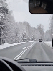 Motorist drives through snowy Russian forest road