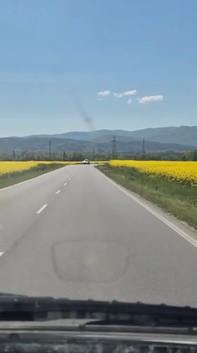 Vehicle travels highway through yellow flower fields near Pavel Banya