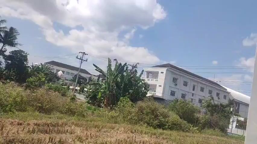 This is a video of a landscape with buildings and vegetation. The sky is blue with white clouds. There are several buildings in the background, some of which appear to be multi-story structures. In the foreground, there is overgrown vegetation, including trees and bushes. There are also some power lines visible. The scene appears to be outdoors during the daytime.