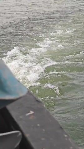The video shows a close-up, side view of a boat moving through water, creating a wake. The camera is positioned on the boat, looking back towards the churning water behind it. The water is greenish-gray and appears choppy with white foam. Part of the boat's railing or side is visible in the foreground, along with a portion of a teal-colored object, possibly a seat or cover. The perspective suggests the boat is traveling at a moderate speed. There are no people visible. The environment is purely aquatic.