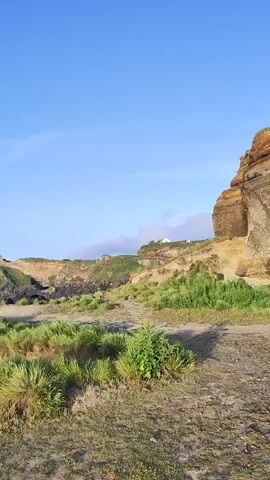 The video features a panoramic shot of a coastal landscape under a bright blue sky with a few wispy clouds. The camera pans from right to left, revealing a rugged coastline. On the right, steep, light brown and green cliffs are visible, with scattered vegetation on their slopes. The foreground is covered in dry, green-yellow grass and scrub brush. As the camera pans left, a vast expanse of deep blue ocean comes into view. The ocean surface shows some ripples, and white waves can be seen crashing against the dark, rocky cliffs that line the shore. The mid-ground also shows more low-lying, green-covered land before meeting the ocean.