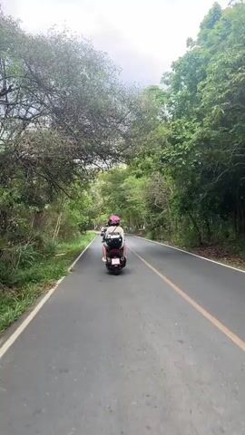 The video shows a person riding a burgundy scooter on a paved road with a yellow center line. The person wears a light-colored shirt and a pink helmet. Another scooter is ahead of them, further down the road. Both are traveling in the same direction. The road is bordered on both sides by lush green trees, creating a canopy effect in some areas. The sky is cloudy. The footage seems to be taken from a camera mounted on the scooter.