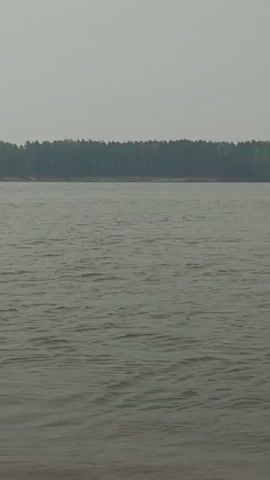 The video shows a wide, calm river under a hazy sky. On the sandy bank in the foreground, a young boy wearing swim trunks is crouched down, playing with the sand and water at the edge of the river. The opposite bank of the river is lined with trees. The overall atmosphere is serene and natural.