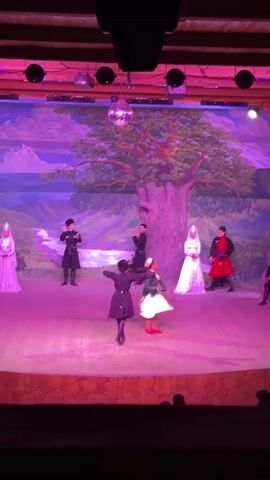 A group of performers in traditional attire are dancing on a stage. The stage has a painted backdrop of mountains and a large tree. The lighting is predominantly pink. There are several individuals on stage, some in dark tunics and hats, and others in white or red outfits. Two performers in the center appear to be engaged in a dance, one in a green and white dress and the other in a dark tunic and hat, holding what appears to be a whip. The other performers are standing or moving around the edges of the stage. A disco ball hangs from the ceiling. The bottom of the frame shows blurred audience members.