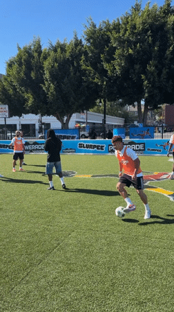 Late-night soccer game on artificial turf in Los Angeles