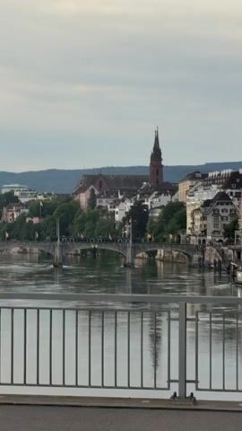 The video presents a scenic view of Basel, Switzerland, across a wide river, likely the Rhine. In the foreground, a gray metal railing is visible, suggesting the shot is taken from a bridge or an elevated vantage point. A multi-arched stone bridge spans the river, with light ripples on the water's surface.

On the far bank, a picturesque cityscape unfolds. The most prominent structure is the reddish-brown Basel Minster (cathedral) with its distinctive tall, pointed spire, situated on a hill overlooking the river. Numerous other traditional European buildings, featuring varying architectural styles and rooflines, line the riverbank and extend up the sloping terrain. Green trees are interspersed among the buildings, adding natural elements to the urban landscape. In the distant background, rolling hills are visible under a soft, overcast sky.

During the video, a small, dark boat quickly emerges from under the stone bridge and crosses the frame from left to right, traversing the river before disappearing from view. The overall impression is one of a calm, cloudy day in a historic European city. No visible text is present in the video.