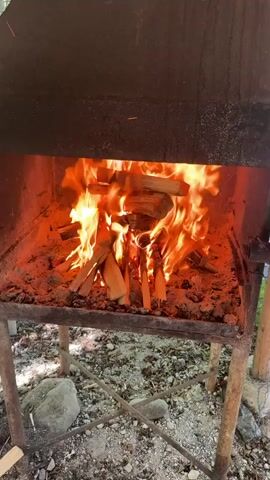 The video shows a close-up view of a roaring fire burning inside a metal outdoor oven or grill. The fire is made of split logs and emits intense flames and heat, which are casting a warm orange glow on the surrounding area. The oven is supported by a metal stand, and its interior is covered with ash and embers. The background of the video shows a natural outdoor setting with trees, foliage, and some scattered rocks and debris on the ground. There are also piles of cut wood and a white bag visible near the oven. The overall impression is one of a rustic and functional setup for cooking or heating with fire.