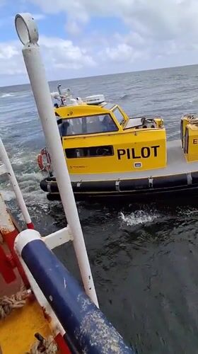 Yellow pilot boat spotted alongside larger vessel in Hamburg